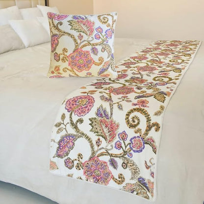 The HomeCentric King/Queen/Twin White & Pink Designer King 90"x18" Bed Runner with 2 Pillow Cover, Floral, Printed, Sequins, Beaded, Embroidery & Handmade Bed Scarf on Cotton Fabric - Aster