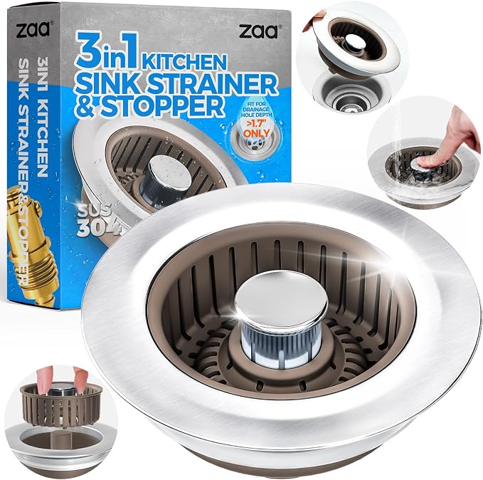 Upgraded 3in1 Kitchen Sink Drain Strainer & Sink Stopper, Stainless Steel by zaa