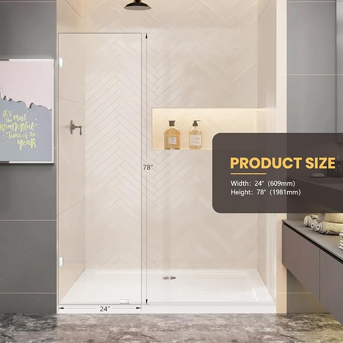 24" W x 78" H Frameless Shower Glass Panel, Single Fixed Shower Panel Screen - Image 3