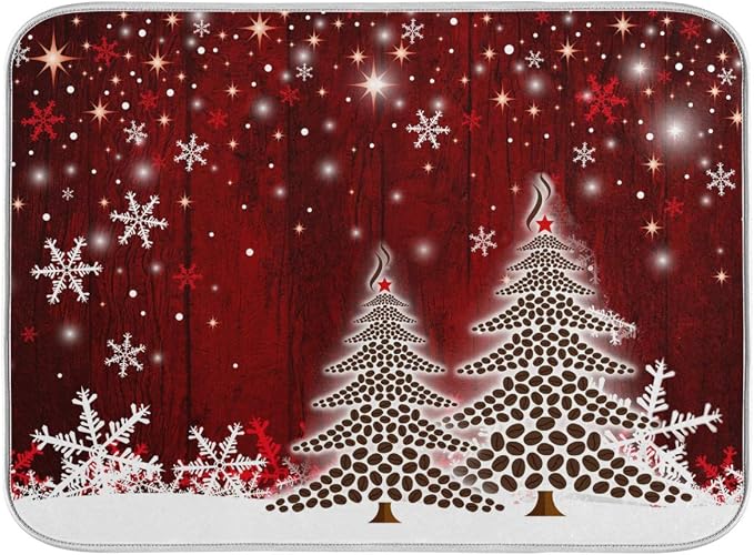 Christmas Tree Dish Drying Mat 18x24 inch Xmas New Year Snowflake Wooden Dish by Wamika