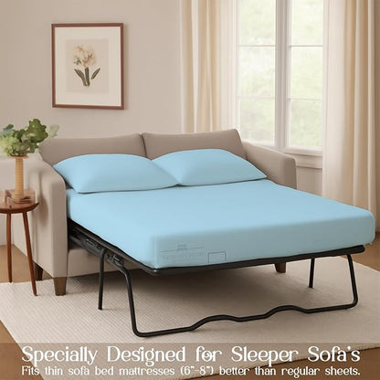Sleeper Sofa 4 Piece Bed Sheet Set Premium Quality 100% Cotton 500 Thread Count, Smooth & Super Soft Sateen Weave, Extra Soft Bed Sheets, Wrinkle Free, 4 Inch Deep Pocket (Full, Light Blue)