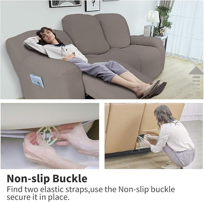 Easy-Going 6 Pieces Recliner Loveseat Stretch Sofa Slipcover Sofa Cover Furniture Protector Couch Soft with Elastic Bottom Kids, Spandex Jacquard Fabric Small Checks Taupe