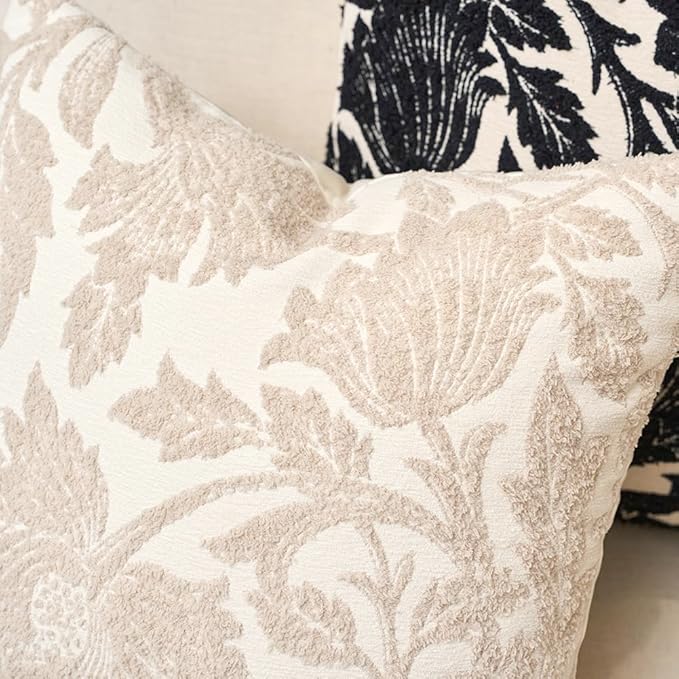 Yangest Chenille Floral Pillow Cover 18 x18 Inches, Neutral Jacquard Square Throw Pillow Cover Soft Decorative Nature Accent Couch Pillow Cover for Living Room Bedroom, Beige