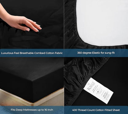 Royale Linens 400 Thread Count 100% American Grown Cotton Fitted Sheet Queen Size - All Around Elastic Fitted Sheet - Luxury Sateen Weave - Snug Fit Bottom Sheets Fit Up to 16" (Queen,Night Black)
