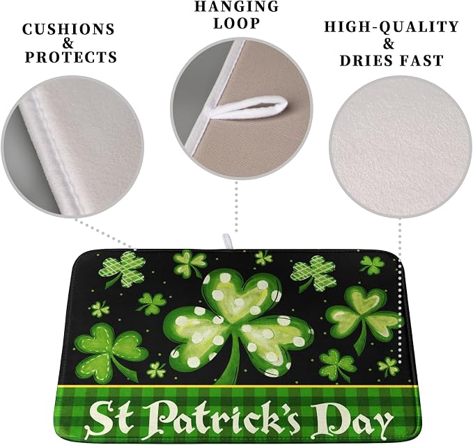 Happy St. Patrick's Day Kitchen Drying Mat Green Plaid Lucky Shamrock Clover - Image 3