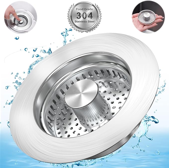 Upgraded 3 in 1 Kitchen Sink Drain Strainer Stopper, Brushed Stainless Steel by Allisforbetterlife
