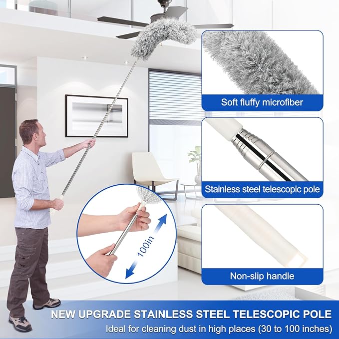 Microfiber Duster with Extension Pole 30 to 100 Inches, Washable Dusters - Image 2