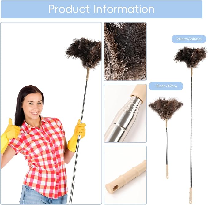 THARAHT Extendable Ostrich Feather Duster up to 27-94 inches Fluffy Feathers - Image 2