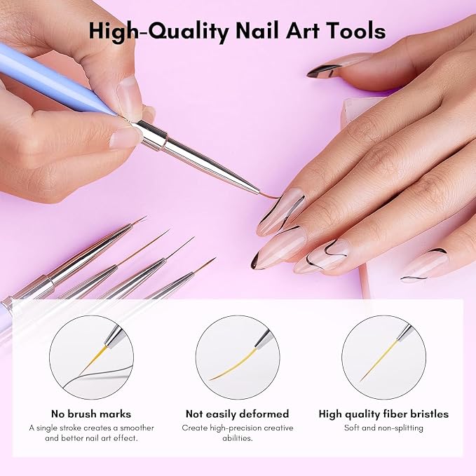 Makartt Nail Art Brushes Set: 5pcs Liner Brushes 7/9/11/15/25mm Thin Nail Art - Image 7