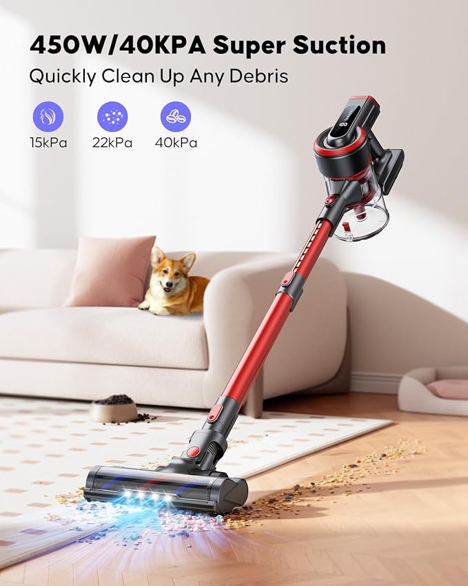 Cordless Vacuum Cleaner, 40kPa/450W Stick Cordless Vacuum Up to 55 Mins Runtime - Image 2