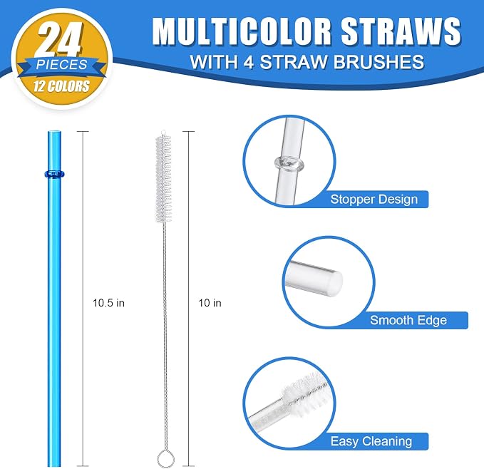 24 PCS, Reusable Straws with 4 Brushes, 10.5" Long Tritan Hard Plastic Straws - Image 3