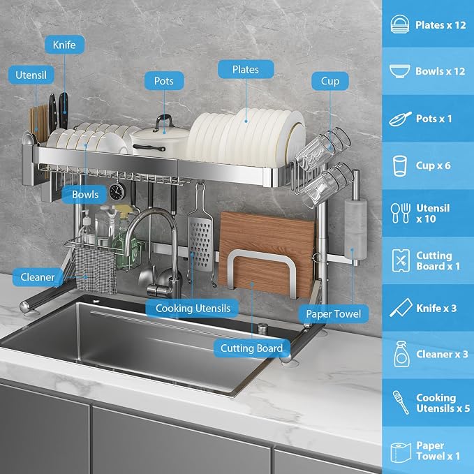 Over The Sink Dish Drainer Drying Rack, 2 Tier Adjustable Width 304 Stainless - Image 5