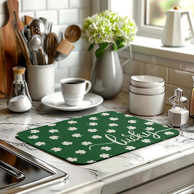St Patrick Shamrock Drying Mat for Kitchen Counter Green White Lucky Clover - Image 6