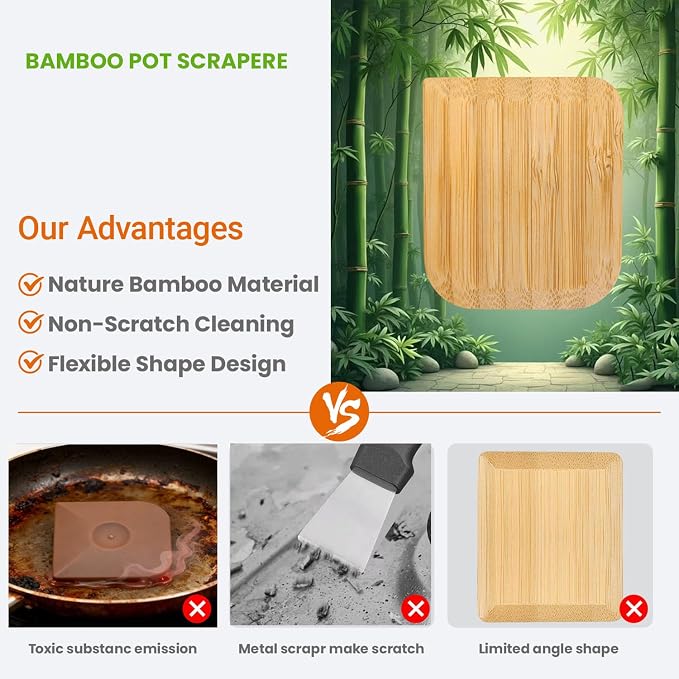 Bamboo Pan Scraper Tool, Size 2.8" x 2.4" Eco-Friendly Pot Scraper, Clean Pans - Image 3