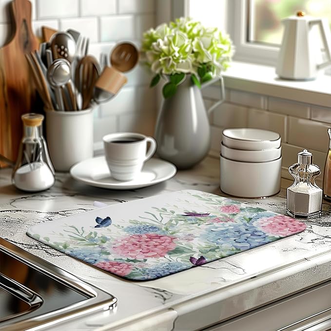 Spring Flowers Dish Drying Mat for Kitchen Counter Blue Pink Hydrangea Floral - Image 6