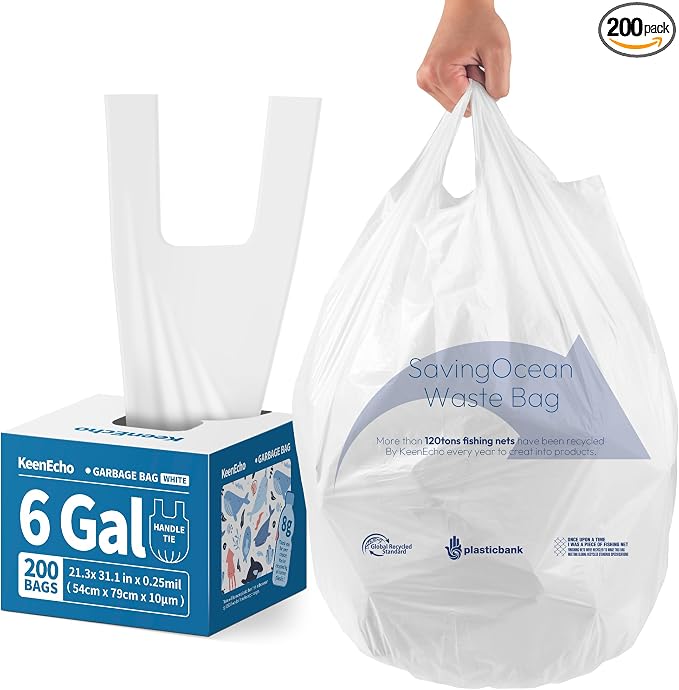 Small Trash Bags with Handles 6 Gallon 200 Count White by KeenEcho
