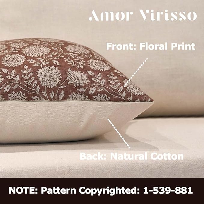 Amor Virisso Floral Pillow Covers 18x18 Throw Pillow Covers Vintage Block Print Pillow Cover Neutral Couch Pillows for Living Room Farmhouse Decorative Accent Sofa Pillows, Brown