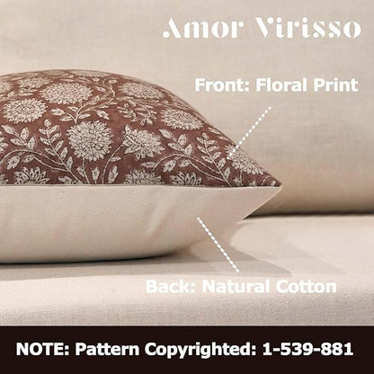 Amor Virisso Floral Pillow Covers 18x18 Throw Pillow Covers Vintage Block Print Pillow Cover Neutral Couch Pillows for Living Room Farmhouse Decorative Accent Sofa Pillows, Brown