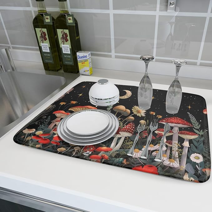 Black Mushroom Dish Drying Mat for Kitchen Counter Leaves Botanical Microfiber - Image 6