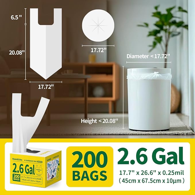 Small Trash Bags with Handles 2.6 Gallon 200 Count White - Image 6