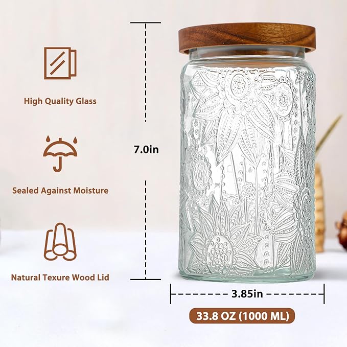 34 OZ Glass Storage Jar with Airtight Bamboo Wooden Lids, Vintage Food - Image 2