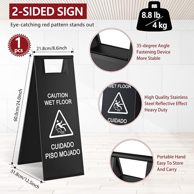 Stainless Steel Wet Floor Caution Sign Bulk 8.8 Pound Portable Foldable Handle - Image 2