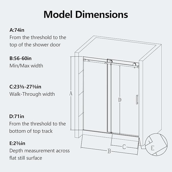 56-60" W x 74" H Frameless Shower Doors, Bathroom Single Sliding Shower Glass - Image 2
