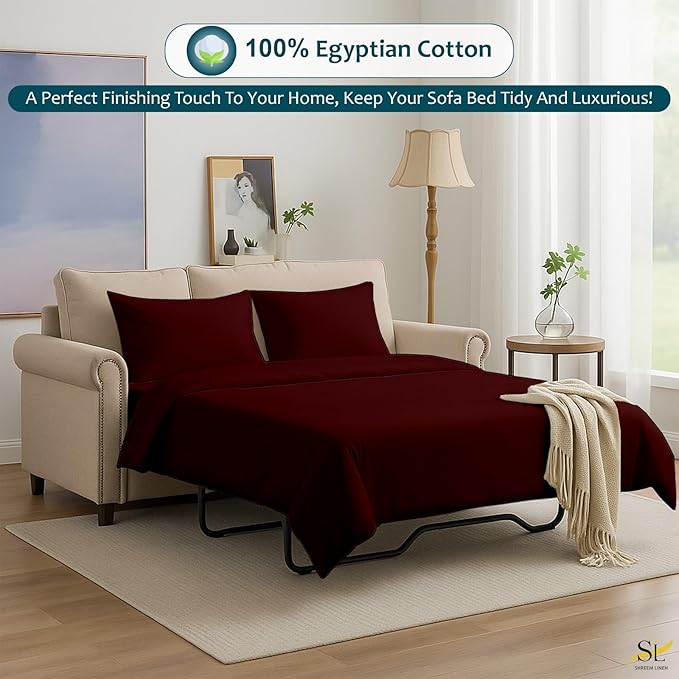 Shreem Linen Luxury Queen Sleeper Sofa Bed Sheet Set,100% Egyptian Cotton, 338 Thread Count, Queen Size (60 x74 +6 Inch Deep Pocket) Soft and Light Weight 4pcs Sofa Set (Burgundy Solid)