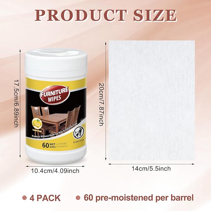 4 Pack Wood Furniture Wipes 240 Count Wood Furniture Cleaner and Polish Wipes - Image 2