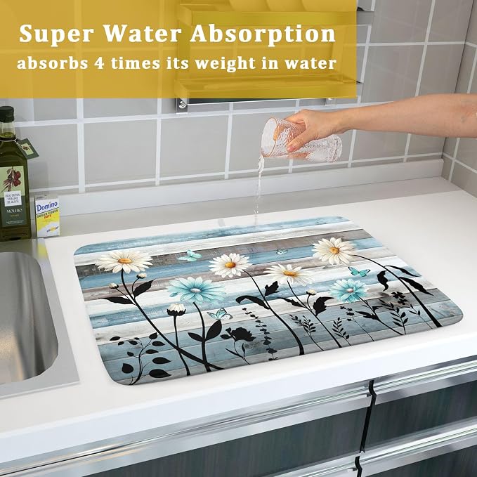 Blue White Daisy Floral Dish Drying Mat - Image 7