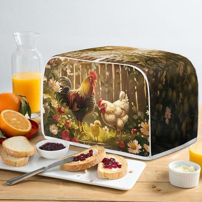 Chicken Rooster Flower Toaster Cover 4 Slice Wide Slot, Washable Kitchen Appliance Cover Dust Resistant Protector for Home, Toaster Protector Kitchen Accessories