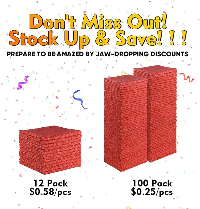 HOMEXCEL Red Shop Towels 100 Pack, Reusable Microfiber Cleaning Cloth Bulk - Image 5