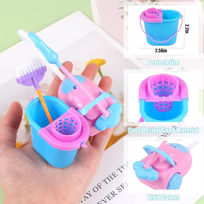 22 Pcs Miniature Dollhouse Cleaning Supplies Mini Bucket Mop Dust Pan Brush - Image 4