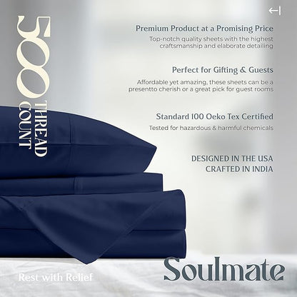 Mayfair Linen 100% Cotton Bed Sheets Queen Set - 500 Thread Count Cotton Sheets for Queen Size Bed, 4 PC Set (Navy Blue), Ultra Soft, Cooling, Sateen Weave 16" Deep Pocket Bedsheet for Hot Sleepers