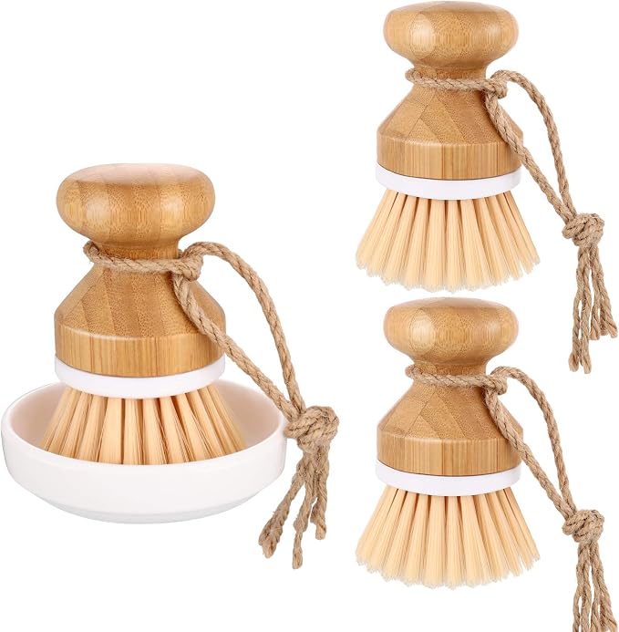 Boao 3 Pieces Bamboo Dish Scrub Brush and 1 Holder Natural Wooden Kitchen by Boao