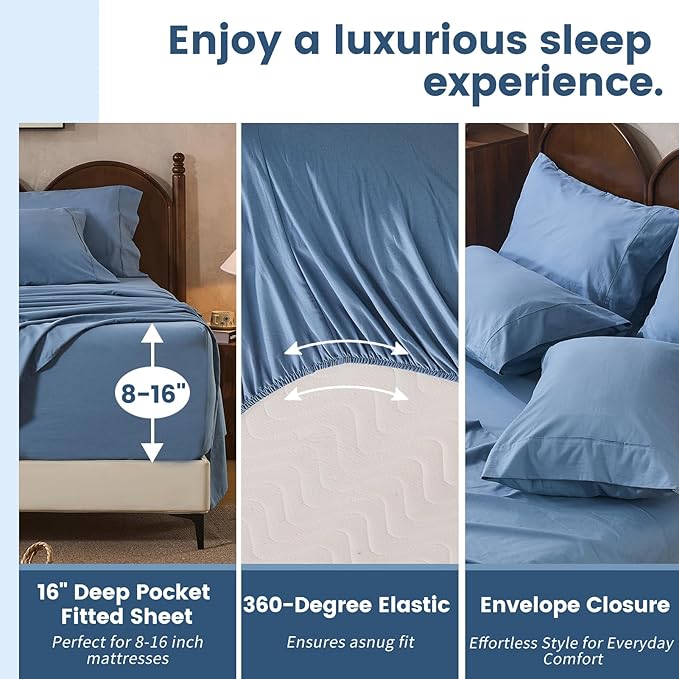 100% Linen Sheets King Size,Breathable & Durable 4-Piece Bed Flax Sheet Set,Soft All-Season Bedding for Hot Sleepers 16" Deep Pocket Oeko-TEX Certified,（King, Dusty Blue）