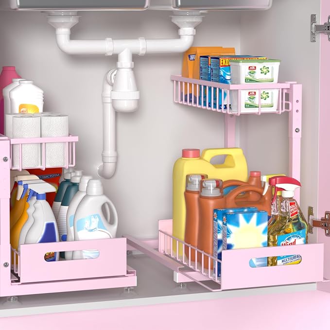 L-Shaped Under Sink Organizer, 2 Pack 2-Tier Pull Out Metal Kitchen Cabinet by Saydear