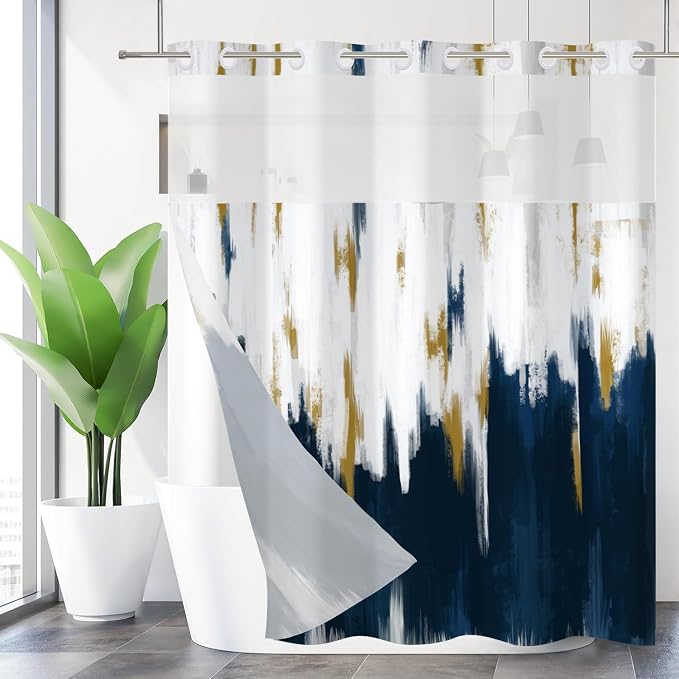 No Hook Shower Curtain with Snap in Liner, Hotel Style Navy Blue White Gold by Caheansi