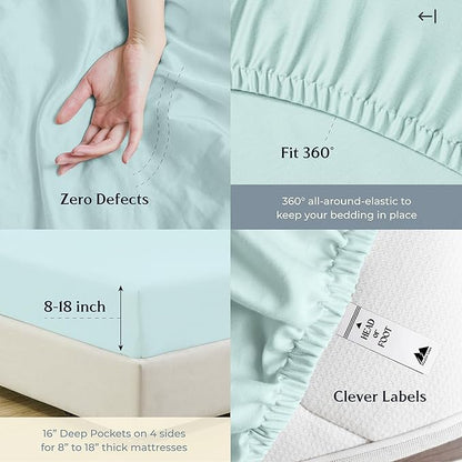 Mayfair Linen 100% Cotton Bed Sheets Queen Set - 500 Thread Count Cotton Sheets for Queen Size Bed, 4 PC Set (Aqua Foam), Ultra Soft, Cooling, Sateen Weave 16" Deep Pocket Bedsheet for Hot Sleepers