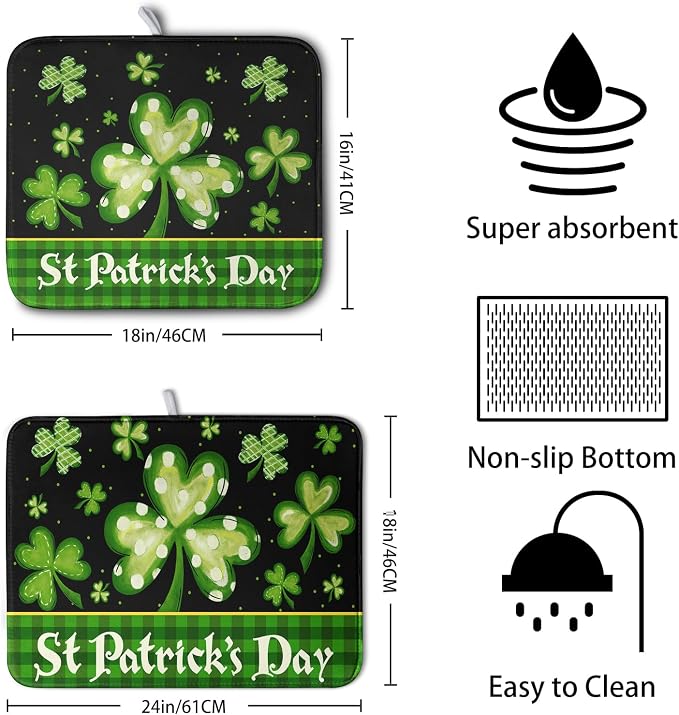 Happy St. Patrick's Day Kitchen Drying Mat Green Plaid Lucky Shamrock Clover - Image 2
