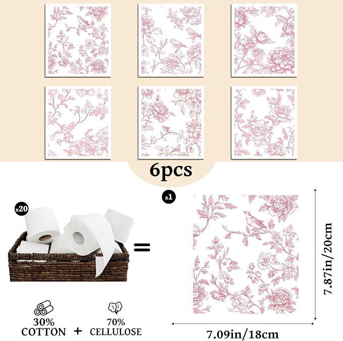 Pink Floral Swedish Dishcloths for Kitchen, 6 Pack Reusable Vintage Chinoiserie - Image 2