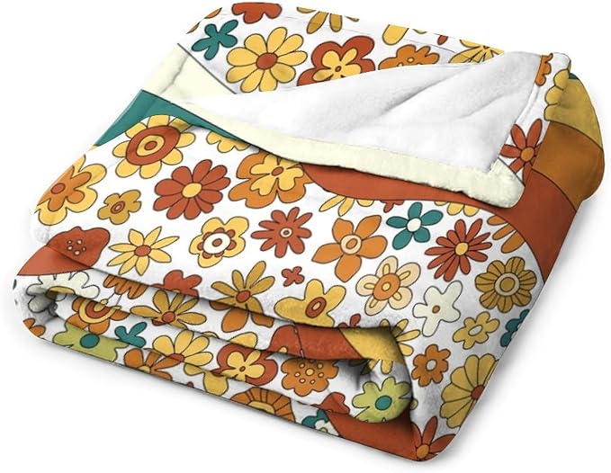 70s Retro Floral Throw Blanket, Boho Groovy Wavy Geometric Hippie Cute Flowers Yellow Orange Abstract Print Blanket for Holiday Theme Home Decor Bedding Couch and Gift 30"x40"