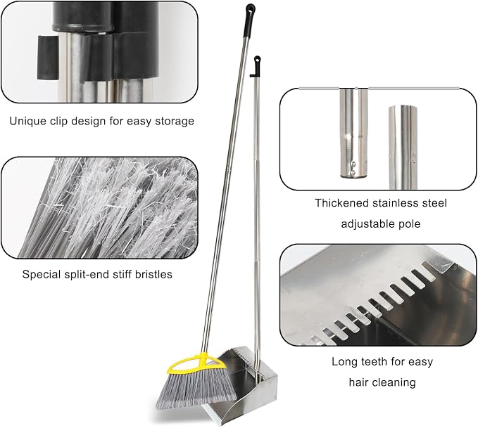 Stainless Steel Dustpan with Outdoor Stiff Bristles Broom, Long Handle Metal - Image 3