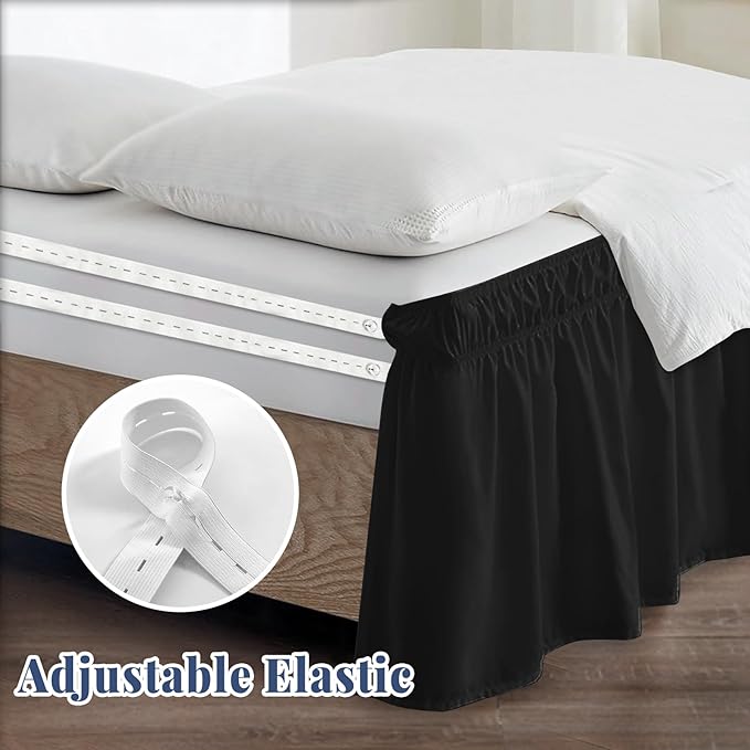 King Bed Skirt, Elastic Wrap Around Bed Skirt King Size, Bed Skirts for Adjustable Bed, Easy Fit with 18" Drop Length Tailored Drop Dust Ruffle (Black)