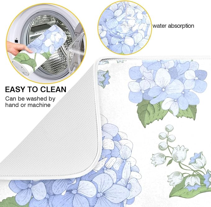 Blue Hydrangea Flowers Dish Drying Mat Super Absorbent Drying Mat Large Coffee - Image 3