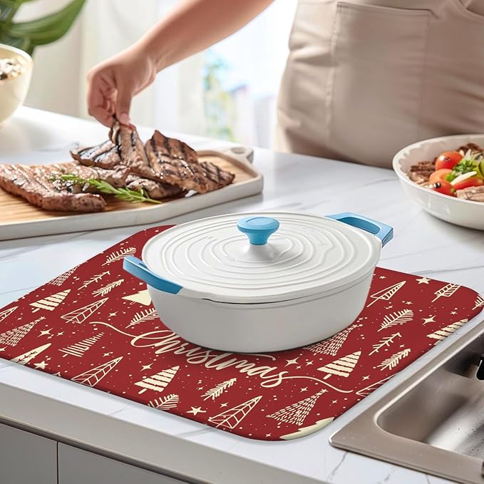 Christmas Kitchen Countertop Dish Drying Mat, Washable Absorbent Countertop - Image 4
