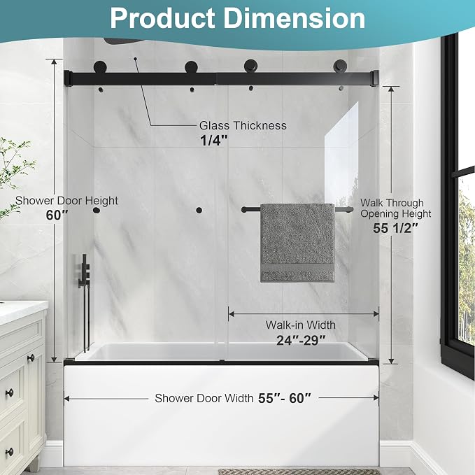 KPUY Frameless Tub Shower Door, 55-60" W x 60" H Double Sliding Bathtub Door - Image 4