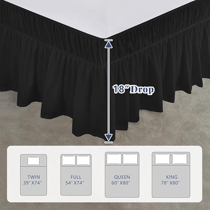 King Bed Skirt, Elastic Wrap Around Bed Skirt King Size, Bed Skirts for Adjustable Bed, Easy Fit with 18" Drop Length Tailored Drop Dust Ruffle (Black)