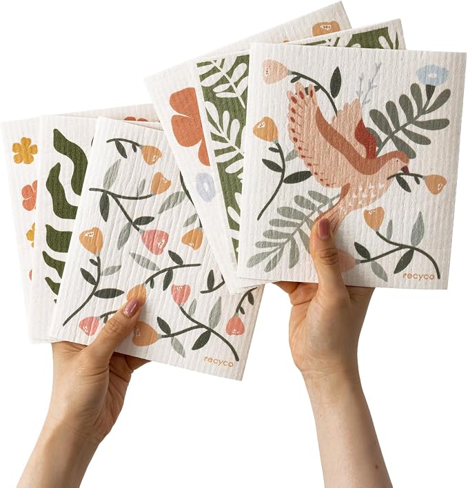 RECYCO Swedish Dishcloths for Kitchen | 6 Pack Birdsong and Blooms Washable by RECYCOHOMECOLLECTION