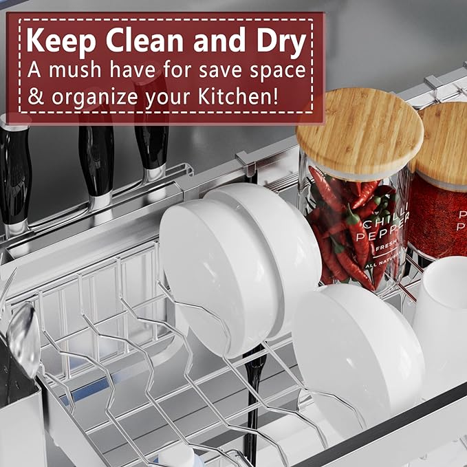 VNKZI Over Sink Dish Drying Rack, 2 Tier Full Stainless Steel Storage - Image 5